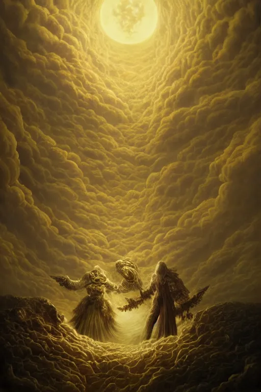 Image similar to Intricate stunning highly detailed HammerFall band, digital painting by agostino arrivabene and Vladimir Kush, surreal, ultra realistic, Horror vacui, dramatic lighting, full moon, thick black swirling smoke tornado, burning fire embers, artstation