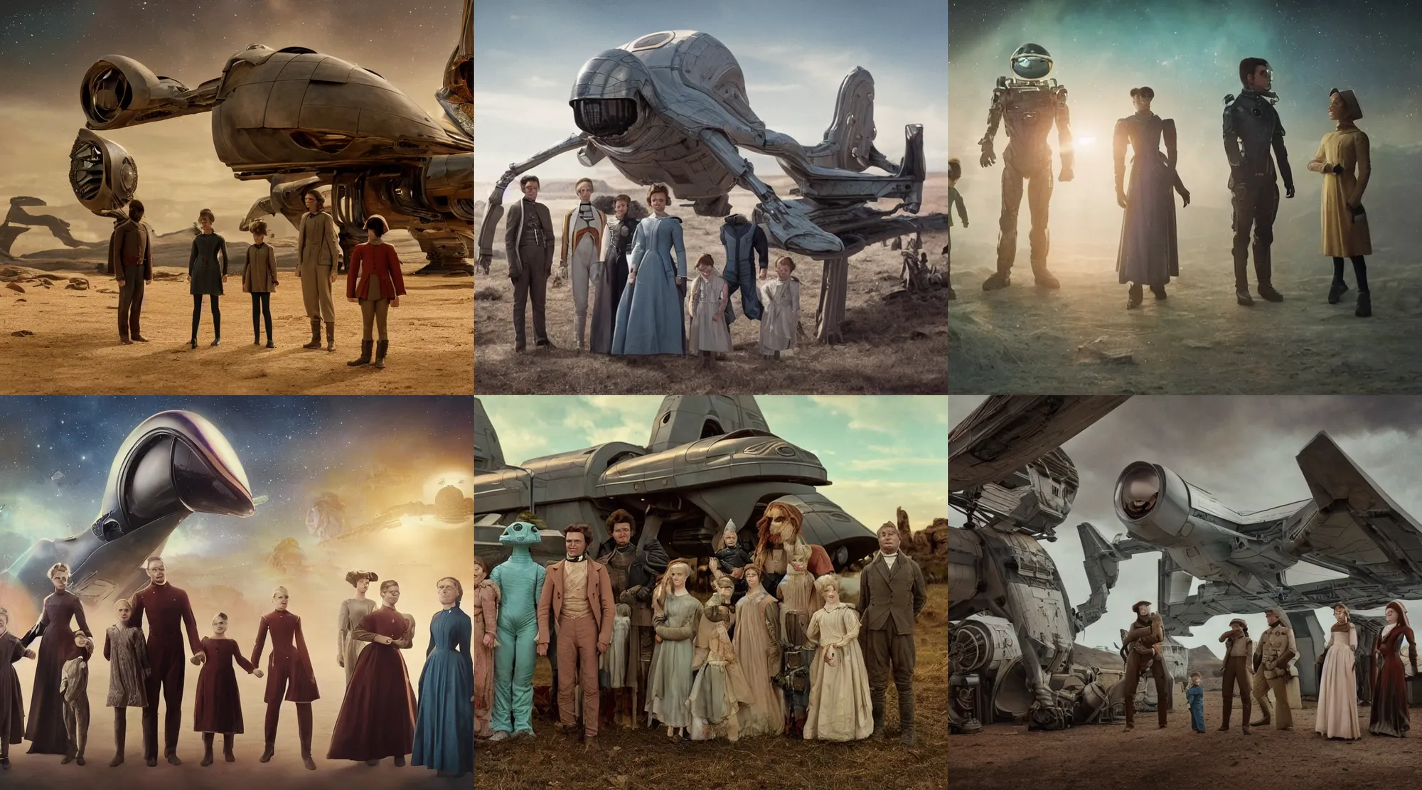 Prompt: 8k film still from a sci fi blockbuster color movie made in 2022, set in 1860, of a family standing in front of a spaceship that has just landed on an alien planet, a humanoid alien creature stands nearby, the family are all wearing 1850s era clothes, cinematic lighting, cinematic camera, in focus, extremely good lighting, good photography