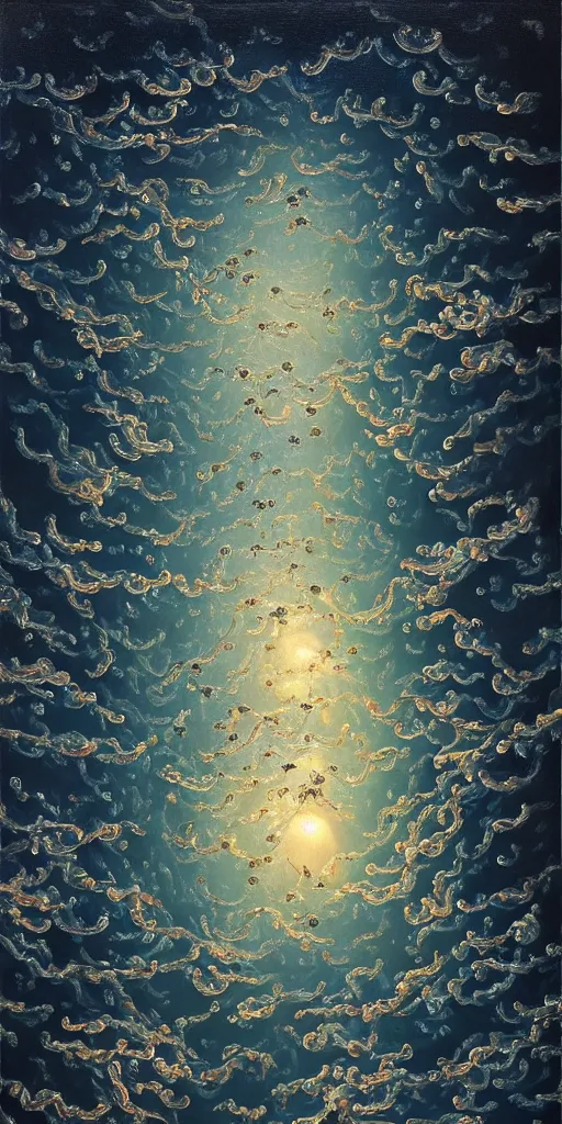 Image similar to baroque oil painting of a thousand little jellyfish flying through the sky!!! different realm, cinematic, dark fantasy, acrylic palette knife, high detail, hyper realism, ray tracing, 4 k resolution, 8 k resolution, full hd, neon, realistic painting by junji ito, laurie lipton and michael whelan