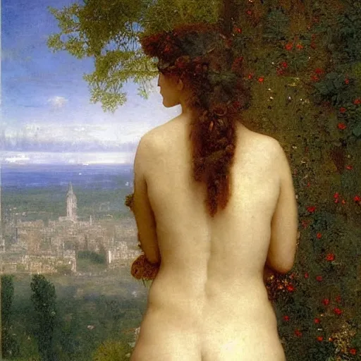 Prompt: a renaissance oil painting by alma tadema of a woman turned back on a stone balcony covered in moss with over shoulder view on a sci - fi skyscraper city, colourful pastel artstation greg rutkowski, detailed academic bouguereau, sharp focus