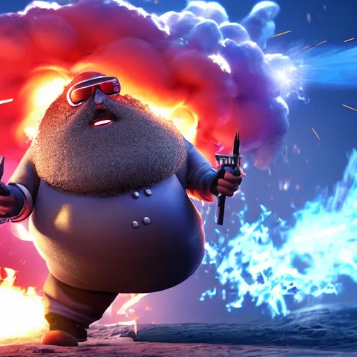 Image similar to highly detailed octane render of a short fat ugly man with a giant beard wearing goggles and blue armour is being blown up in an explosion