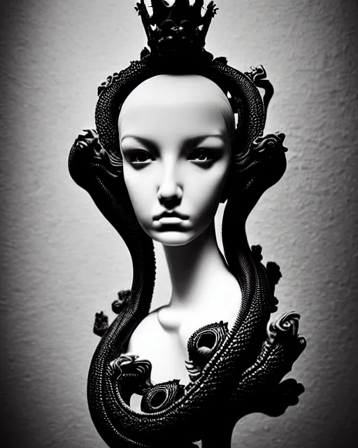 Image similar to dark background, a black and white high quality dreamy photo of a young beautiful female queen-dragon-vegetal-cyborg bust with a very long neck and delicate Mandelbrot fractal face, elegant, highly detailed, flesh highly baroque ornate, hair are curled wired cables, elegant, poetic, soft, dreamy, mysterious, high fashion, rim light, in the style of Ellen von Unwerth, Realistic, Refined, Digital Art, Highly Detailed, Cinematic Lighting, rim light, black and white, photo-realistic, 8K
