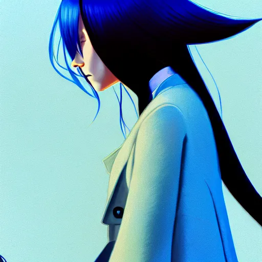 Image similar to low - angle shot from behind of a long light blue - haired girl in a blue tailcoat with a scabbard, combat boots, noir, screenshot, sharp focus, intricate, illustration, cell shaded, digital painting, highly detailed, straight hair, art by ilya kuvshinov, wlop, greg rutkowski, studio quality, james jean