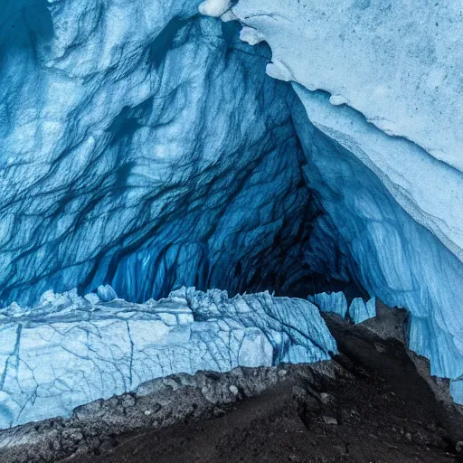 Image similar to deep dark glacier cave, faint blue glow,