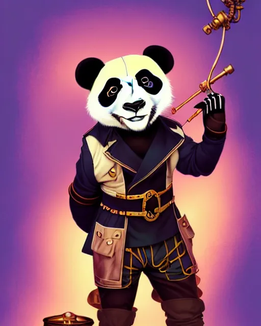 Image similar to don bluth, loish, artgerm, joshua middleton, steampunk, clockpunk anthropomorphic panda, full sailor suit, symmetrical eyes symmetrical face, colorful animation forest background