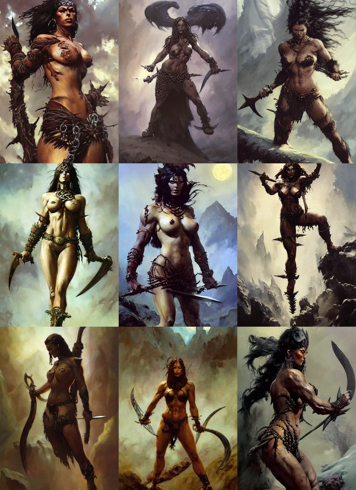Prompt: An oil painting of a celtic berserker woman with daggers by Frank Frazetta, Greg Rutkowski, Boris Vallejo, epic fantasy character art, Exquisite detail, post-processing, low angle, masterpiece, cinematic