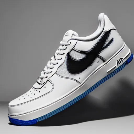 Image similar to a studio photoshoot of A Nike Air Force 1 designed by Virgil Abloh, mesh fabrics, Off-White, realistic, color film photography by Tlyer Mitchell, 35 mm, graflex