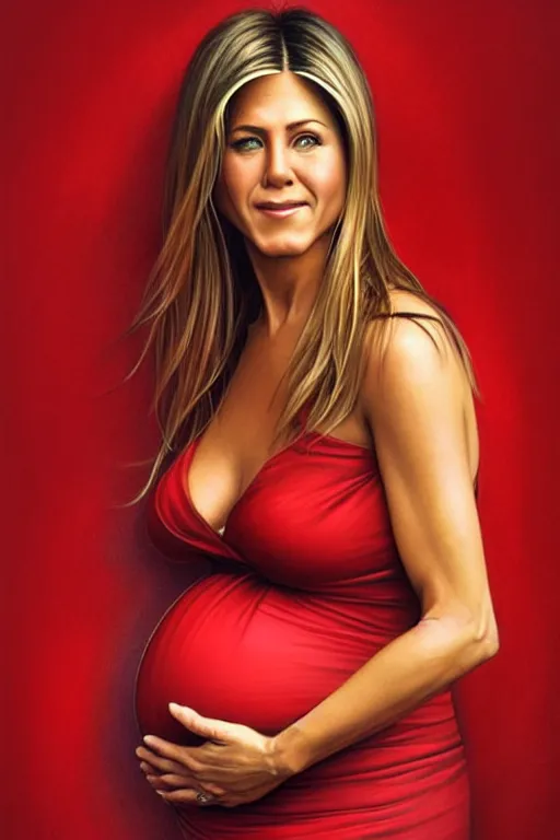 Prompt: pregnant jennifer aniston in a red dress, realistic portrait, symmetrical, highly detailed, digital painting, artstation, concept art, smooth, sharp focus, illustration, cinematic lighting, art by artgerm and greg rutkowski and alphonse mucha