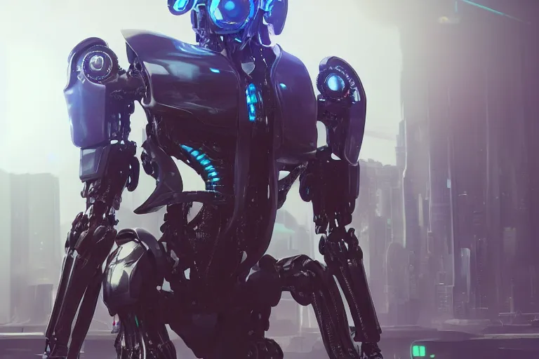 Image similar to cyberpunk alien concept inspired mecha robot, futuristic look, highly detailed body, very powerful, photorealistic camera shot, bright studio setting, studio lighting, crisp quality and light reflections, unreal engine 5 quality render