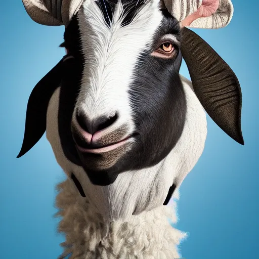 Image similar to andy milonakis as a goat, goat body, human head, 4 k, photorealistc, high details