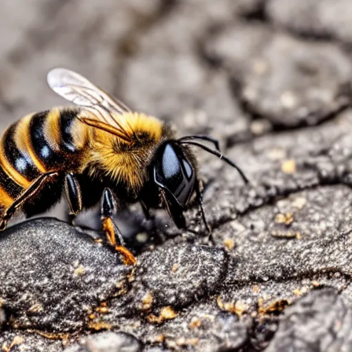 Prompt: a bee fossilized in ice