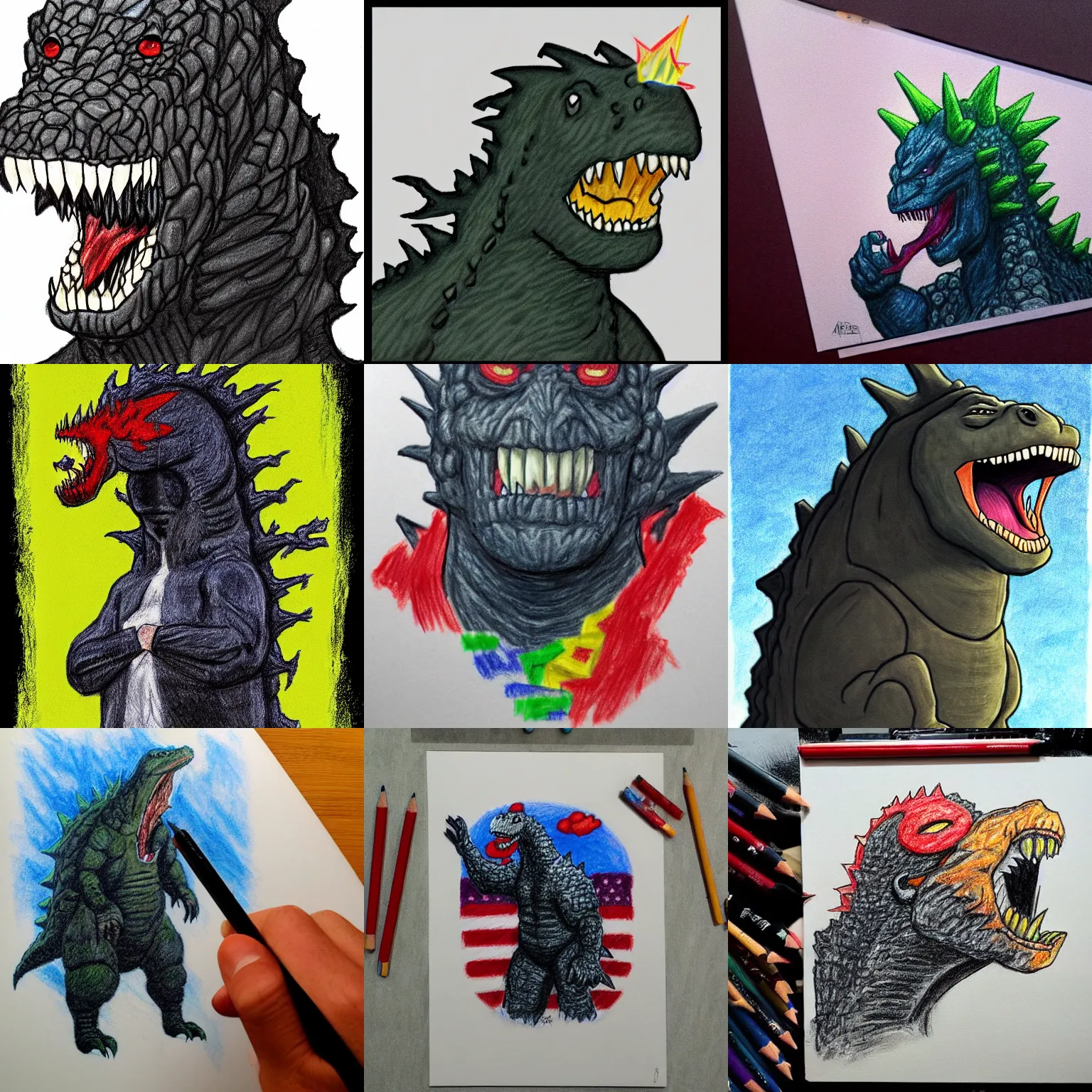 Prompt: crayon illustration of portrait of Godzilla eating Joe biden, trending on artstation