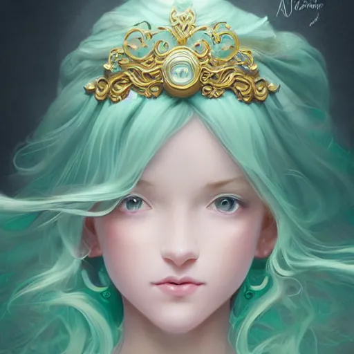 Image similar to Portrait of magical girl, dreamy and ethereal, mint green eyes, peaceful expression, ornate frilly dress, fantasy, intricate, elegant, beautiful, digital art, dynamic lighting, golden ratio, highly detailed, digital painting, trending on artstation, concept art, smooth, sharp focus, illustration, photo realistic, art by artgerm and greg rutkowski and alphonse mucha, 4K