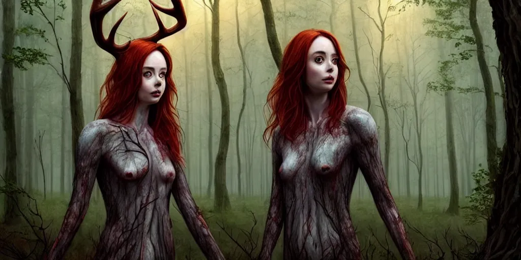 Prompt: surrounded by trees, realistic character concept, gorgeous Kacey Rohl, red hair, small freckles, symmetrical face, symmetrical eyes, full body, covered in blood, dark forest, trees, shorter neck, cinematic lighting, Joshua Middleton and artgerm, Wendigo creature with antlers and a deer skull face lurking in the background, fear anxiety terror