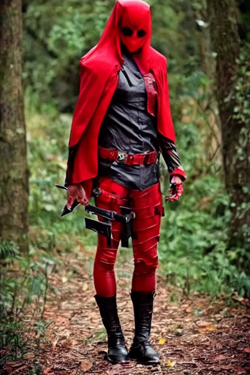 Image similar to red hood cosplay, creepy, disturbing, bloody, darkness