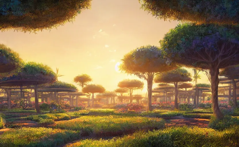 Prompt: beautiful detailed landscape artwork of the futuristic gardens of babylon, golden hour, masterpiece by Makoto Shinkai