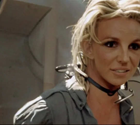 Prompt: a movie still of britney spears as a chained up prisoner in the movie star wars