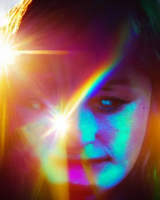 Prompt: bright lens flare, crystal, muted rainbow light, soft fuzzy shadows, cheap digital camera, low - res, woman's face