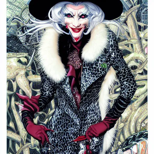 Image similar to portrait closeup of crazy cruella de vil, symmetrical, by yoichi hatakenaka, masamune shirow, josan gonzales and dan mumford, ayami kojima, takato yamamoto, barclay shaw, karol bak, yukito kishiro