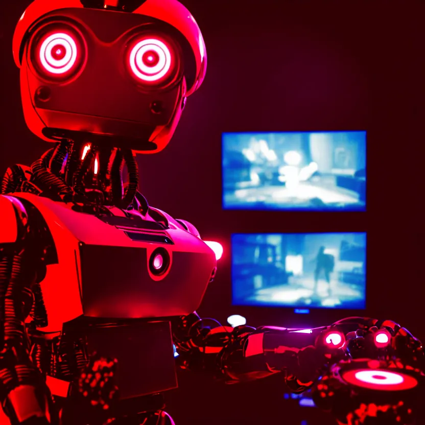 Image similar to a film shot of a robot playing video games, cool, red, photo, realistic, hd, intricate details, cyberpunk, dark, horror, award - winning cinematic lighting, 3 5 mm