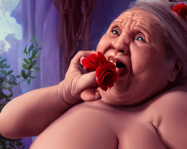 Image similar to of a very beautiful scene. ambient occlusion render. a sweet fat old woman is giving birth a beautiful colorful rose. hyper realistic. 4 k. wide angle. wild. symmetrical face, red mouth, blue eyes. deep focus, lovely scene. ambient occlusion render. concept art. unreal engine.