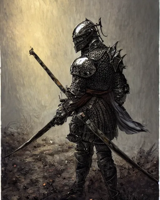 Image similar to a hyper realistic painting of a knight in armor made out of rotting metal, pale colors, fog, dark fantasy, cinematic lighting, nighttime, by rebecca guay