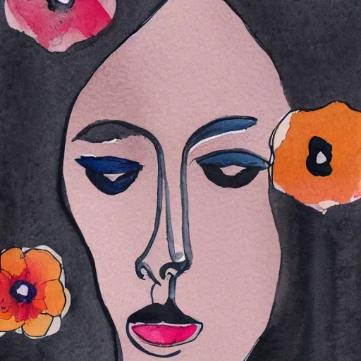 Prompt: Abstract line drawing of a woman’s face with watercolour flowers in the background,