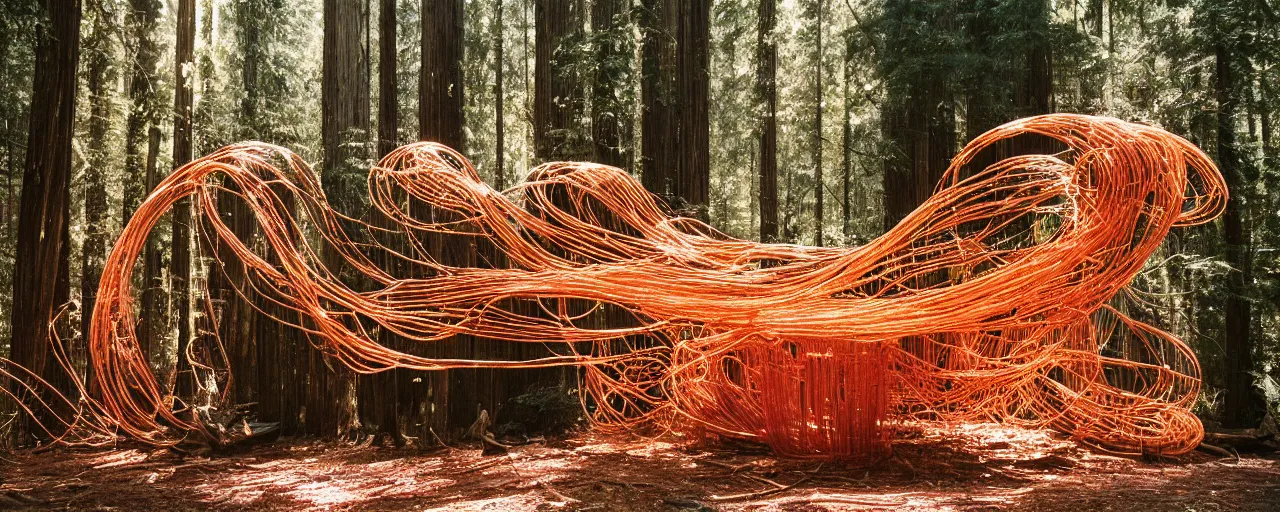 Image similar to a giant spaghetti sculpture, hit by a ray of sunshine, in a redwood forest, canon 5 0 mm, cinematic lighting, photography, retro, film, kodachrome