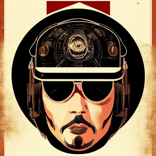 Prompt: Illustrated by Shepard Fairey and H.R. Geiger | Steampunk Keanu Reeves with VR helmet, surrounded by cables