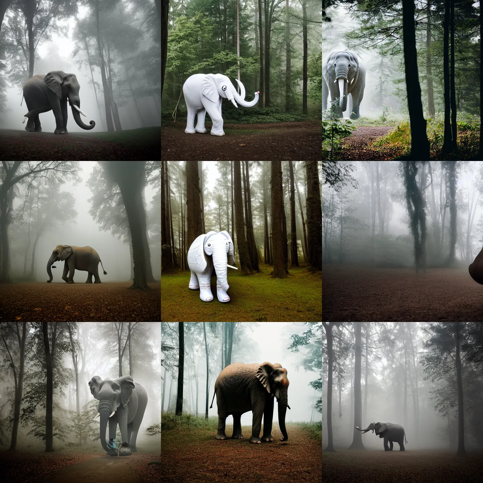 Prompt: giant elephant in white spacesuit in the woods, foggy mood, overcast bokeh - c 5