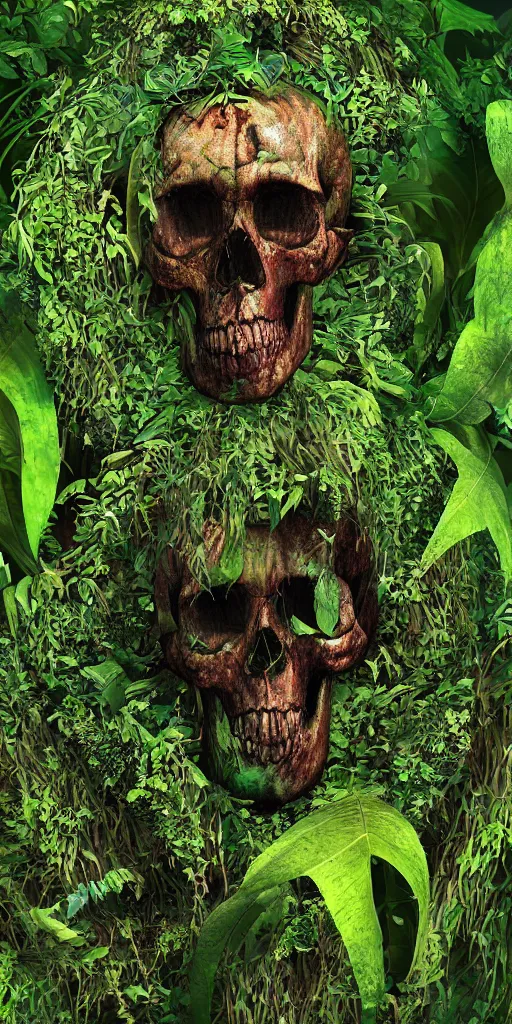 Prompt: abstract overgrown plants skull from a blender render in a jungle, nature taking back, highly detailed, holography