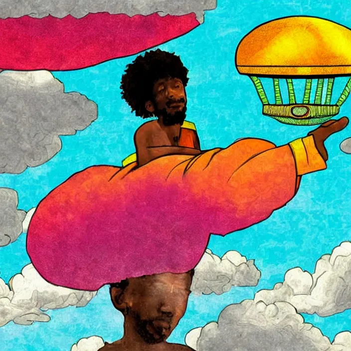 Image similar to UFO hovering over an African Jesus , clouds, colorful, in the style of African bus art,