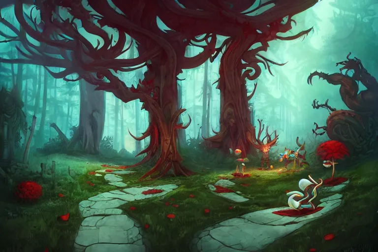 Image similar to forest, american mcgee's alice, sharp focus, artstation, trending, by julie dillon, luis melo, tyler miles lockett, lei jin, hong lei, ken wong, adam narozanski, joy ang