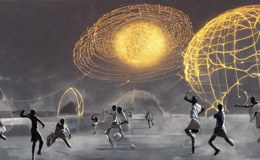 Image similar to young boys from africa playing football and a spiral - shaped white luminous attractor is floating on the horizon in soviet city, concept art, art for the game, professional lighting