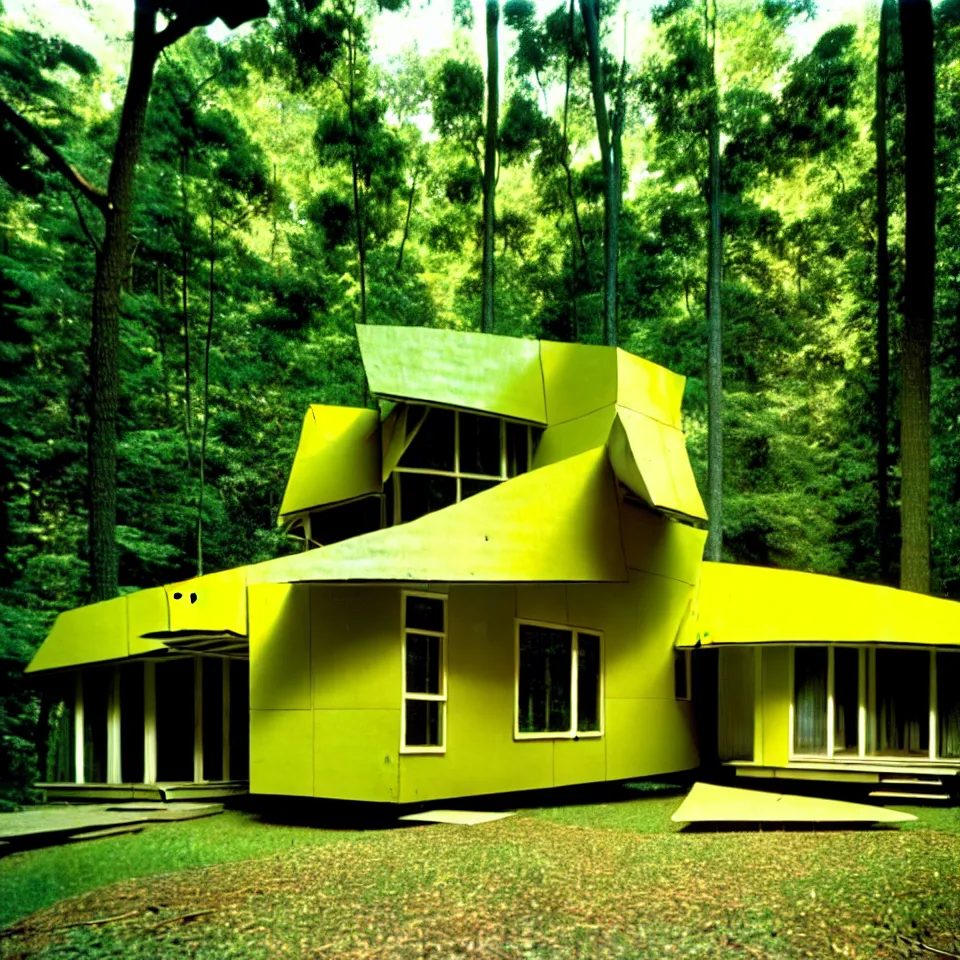 Prompt: a flat horizontal mid-century modern house with big tiles in a forest, designed by Frank Gehry. Film grain, cinematic, yellow hue