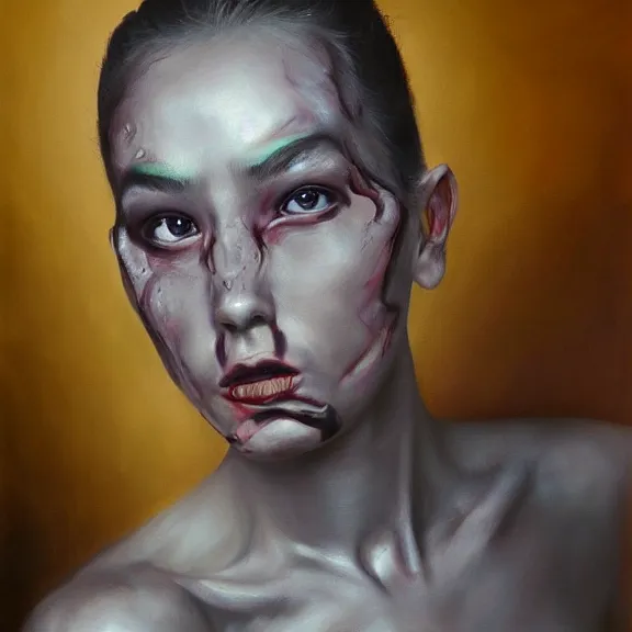 Image similar to female zerg, full face and body, dark oil painting, hyperrealism