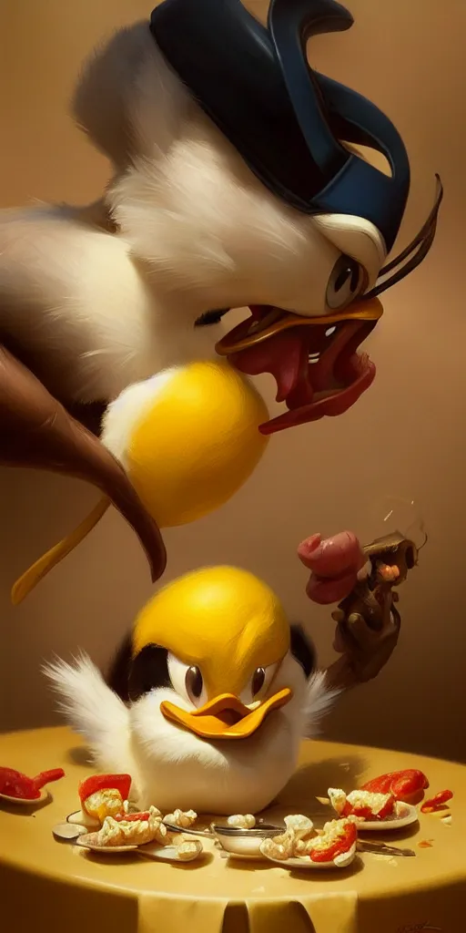 Prompt: realistic photography of a terrified donald duck eating scrambled eggs, deep focus, intricate, elegant, highly detailed, digital painting, artstation, concept art, matte, sharp focus, illustration, art by artgerm and greg rutkowski and alphonse mucha