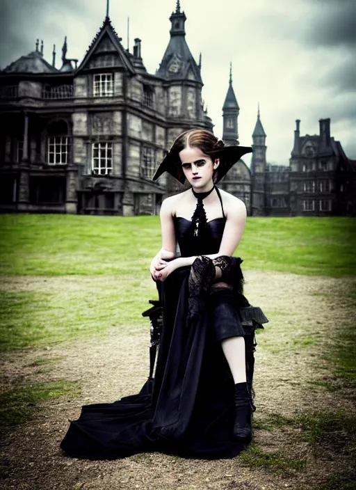 Image similar to Emma Watson for Victorian Secret as goth, squatting pose, full length shot, extremely detailed, XF IQ4, 50MP, 50mm, f/1.4, ISO 200, 1/160s, natural light, Adobe Lightroom, rule of thirds, symmetrical balance, depth layering, polarizing filter, Sense of Depth