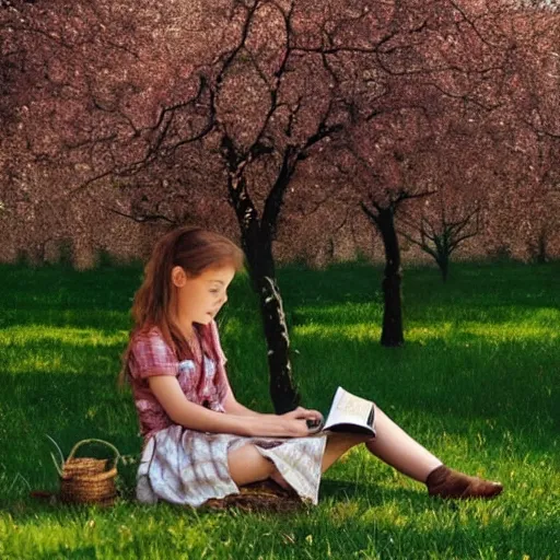 Prompt: girl reading a book under an apple tree in summer. folk horror.