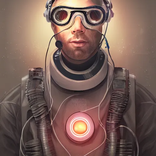 Image similar to a guy connected to wires and tubes, wearing goggles, cybernetic, dystopian, highly detailed, digital painting, artstation, concept art, soft light, sharp focus, illustration