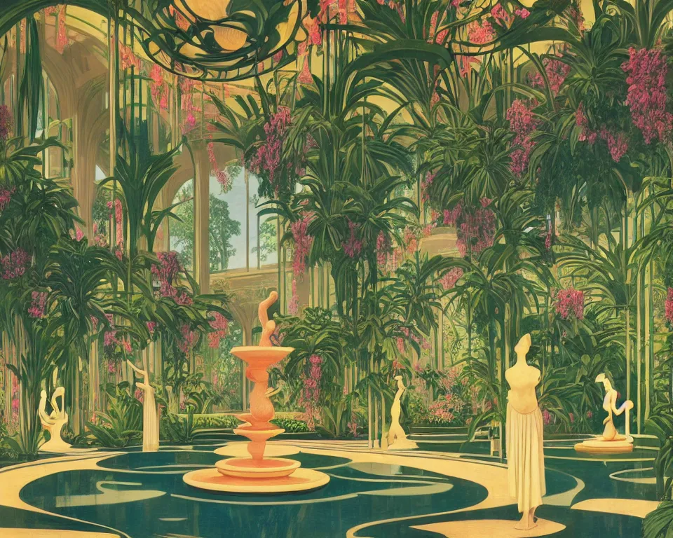 Prompt: an achingly beautiful print of the interior of an Art deco botanic garden, featuring flowing sculptured fountains, blooming tropical flowers, suspended chandeliers, and classical antiquities by Raphael, Hopper, and Rene Magritte. detailed, romantic, enchanting, trending on artstation.