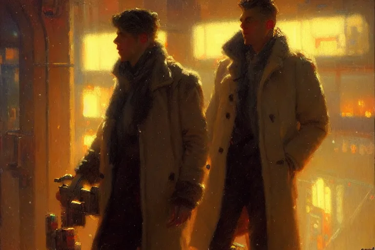 Image similar to winter, attractive male, neon light, cyberpunk, painting by gaston bussiere, craig mullins, j. c. leyendecker