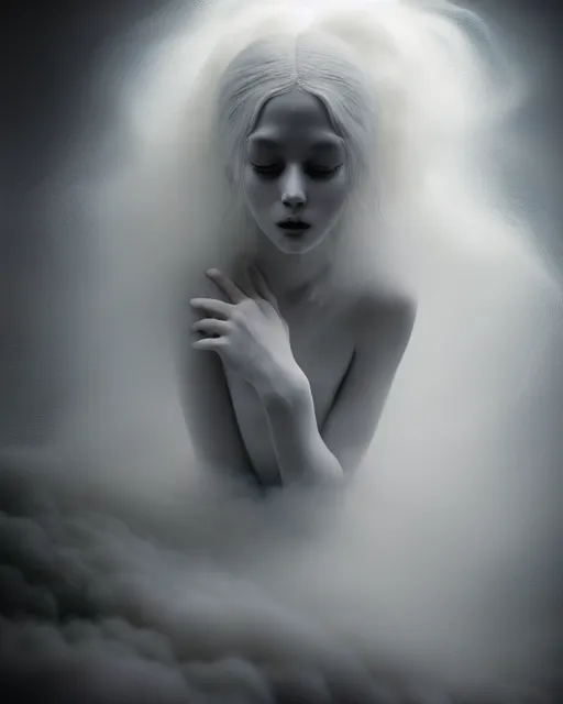 Image similar to monochrome, soft, dreamy, subsurface scattering, white, young beautiful goddess in cosmos with very long white hair floating in air, fluid smoke art, black and white, octane render, dino valls, mark ryden, joe fenton, michal karcz, highly detailed, rim light, art, cinematic lighting, very coherent, hyper realism, 8 k