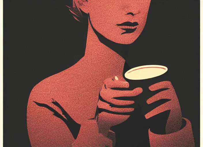 Image similar to portrait of a heroine drinking coffee, (((colorful))),vivid, Mads Berg, Karolis Strautniekas,small finely stippled light, dramatic lighting,film grain, editorial illustration, detailed, gradation, matte print, dynamic composition,moody, cinematic,extreme perspective