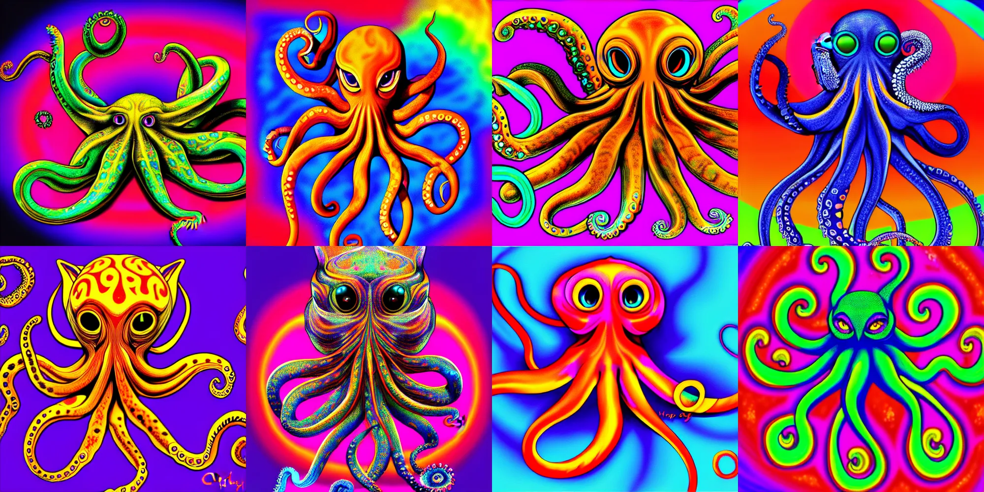 Prompt: psychedelic highly detailed octopus cat chimera, 4 k, unholy fusion octopus cat, digital painting, matte finish