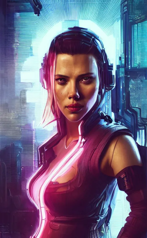 Prompt: portrait of scarlett johansonn as a character in arabian Cyberpunk 2077, looking at camera, intricate, dystopian, sci-fi, extremely detailed, digital painting, artstation, concept art, smooth, sharp focus, illustration, intimidating lighting, incredible art by artgerm and greg rutkowski and alphonse mucha and simon stalenhag