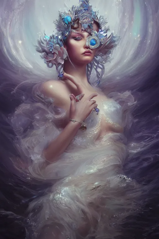 Image similar to beautiful princess floating on water with face covered with diamonds wearing frost velvet, diamonds, angel, fantasy, dramatic lighting, highly detailed, digital painting, magic the gathering, hyper detailed, 3 d render, hyper realistic detailed portrait, peter mohrbacher, wlop, ruan jia