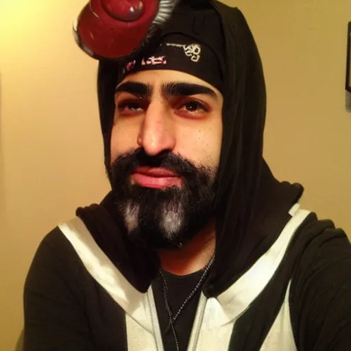 Image similar to Joedat Esfahani, AKA VoyBoy, dressed as Akali from League of Legends. Beautiful handsome bearded artbreeder detailed face.