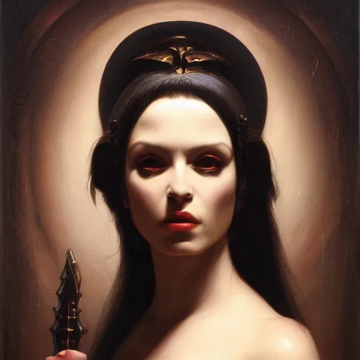 Prompt: Portrait of The Goddess Astarte by Roberto Ferri, oil painting, dark background, 4k.