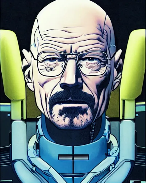 Image similar to portrait of walter white as a robot, cybernetic enhancements, art by makoto shinkai and alan bean, yukito kishiro